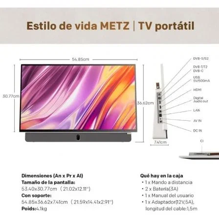 Metz 24MPE7000Z Televisor Portátil con Batería 24 Pulgadas Smart TV, Google TV, Full HD 1920x1080, Wi-Fi, Triple Sintonizador DVB-C/S2/T2, Pantalla Mate